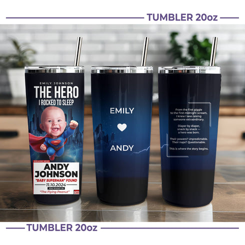 Personalized Baby Superman Tumbler – Custom Superhero Cup for Mom | "The Hero I Rocked To Sleep"